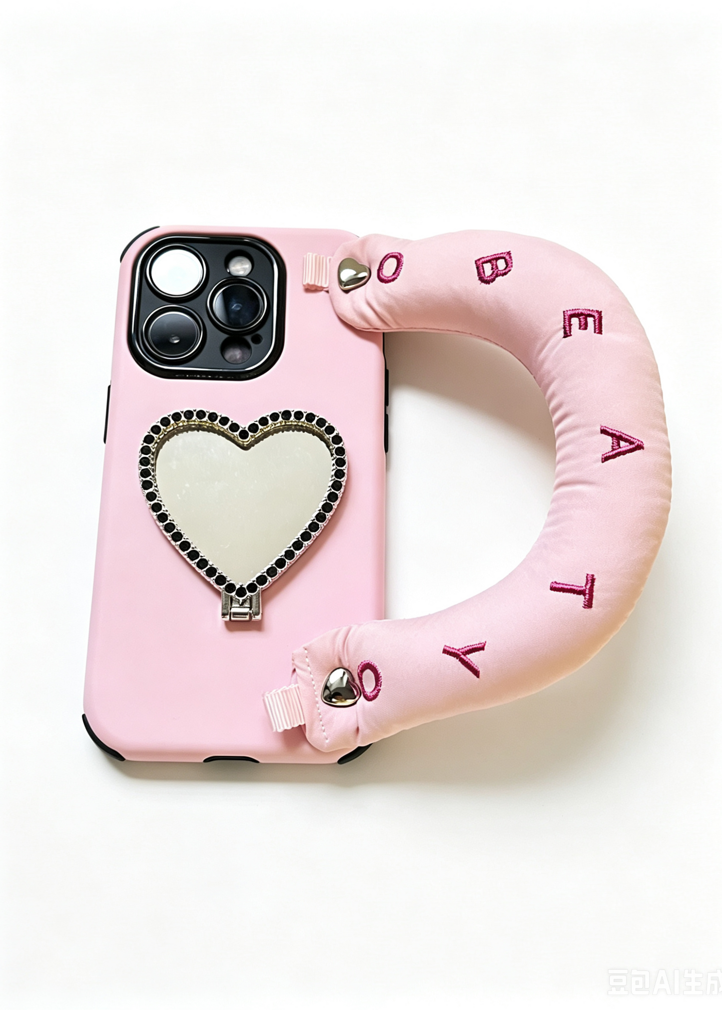 SSEGY Sakura Pink Heart-Shaped Vanity Mirror Phone Case – Featuring an Embroidered "Cloud" Grip for Stress Relief