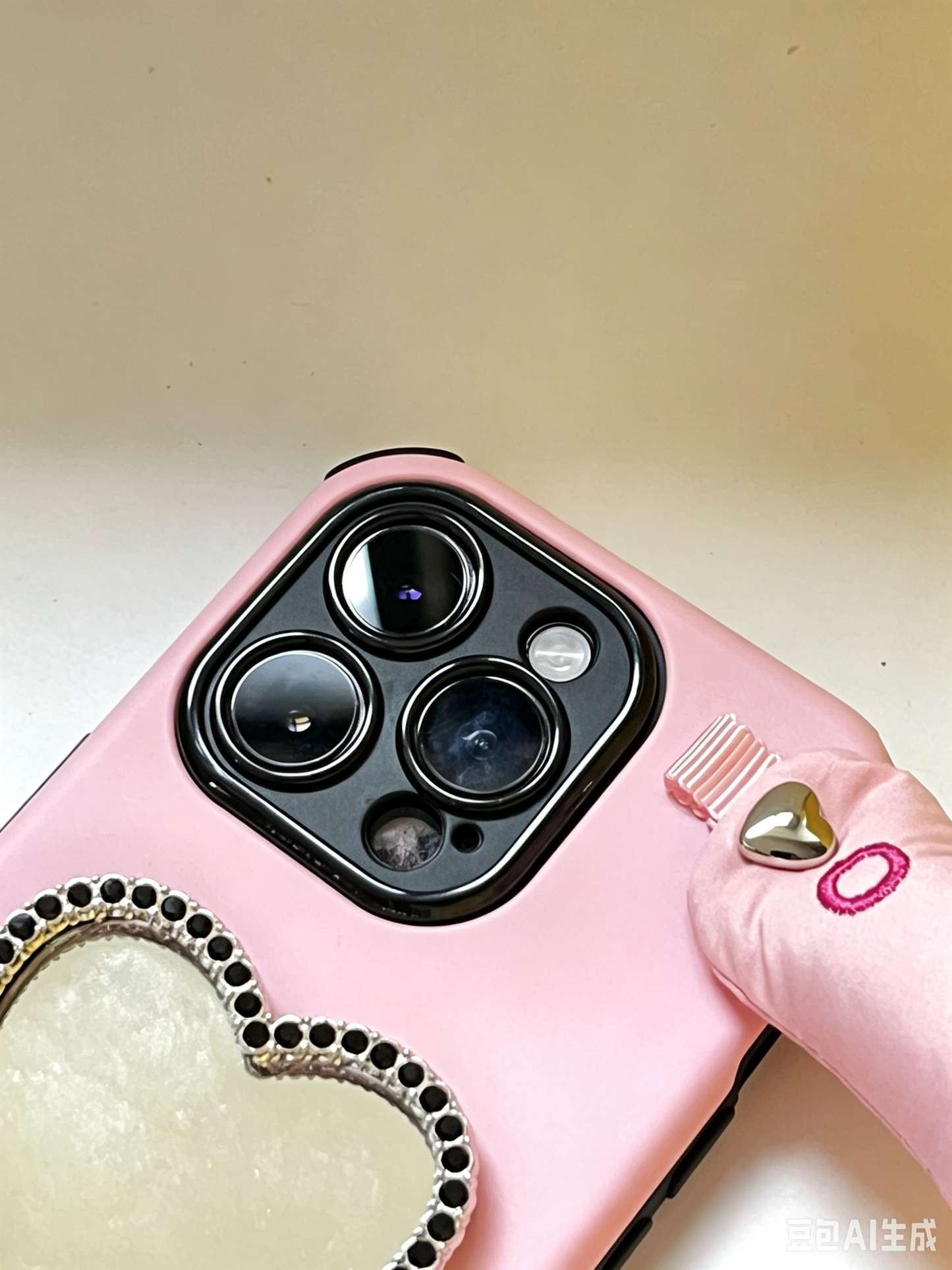 SSEGY Sakura Pink Heart-Shaped Vanity Mirror Phone Case – Featuring an Embroidered "Cloud" Grip for Stress Relief