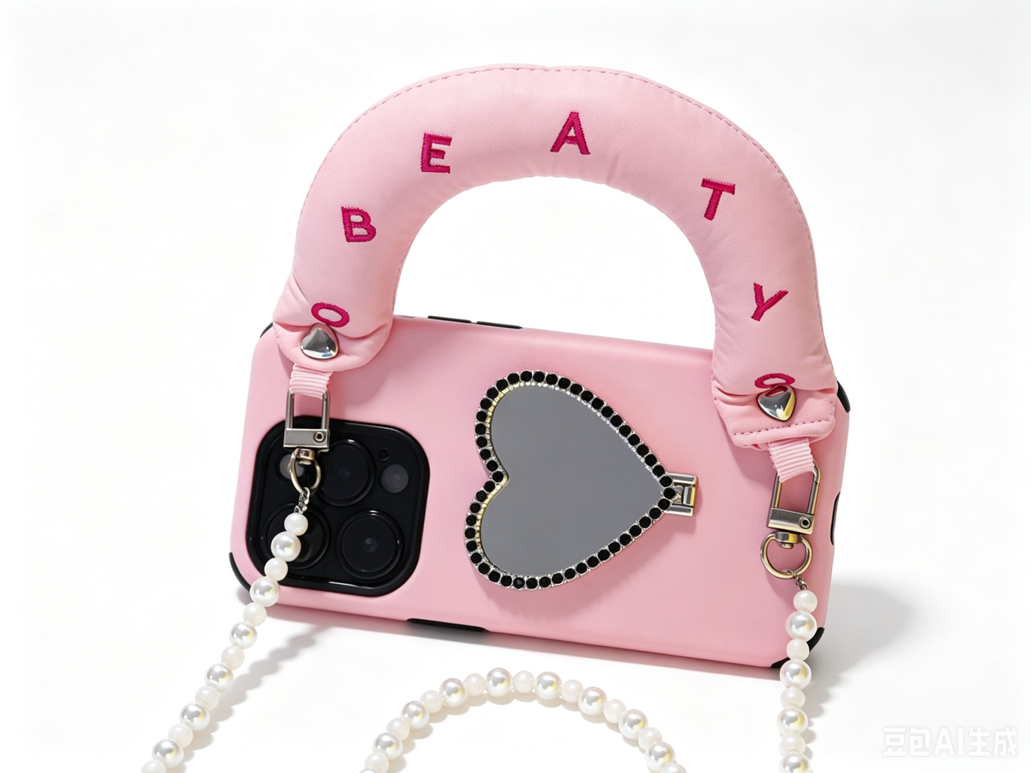 SSEGY Sakura Pink Heart-Shaped Vanity Mirror Phone Case – Featuring an Embroidered "Cloud" Grip for Stress Relief