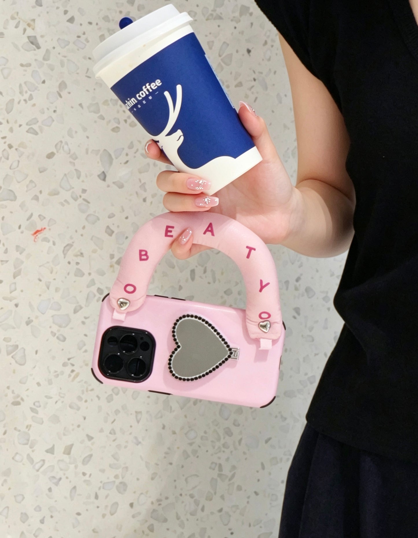 SSEGY Sakura Pink Heart-Shaped Vanity Mirror Phone Case – Featuring an Embroidered "Cloud" Grip for Stress Relief