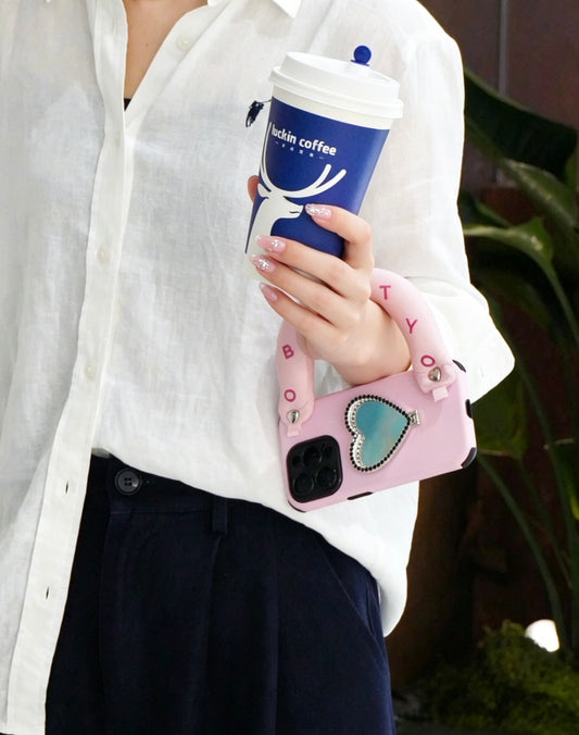 SSEGY Sakura Pink Heart-Shaped Vanity Mirror Phone Case – Featuring an Embroidered "Cloud" Grip for Stress Relief