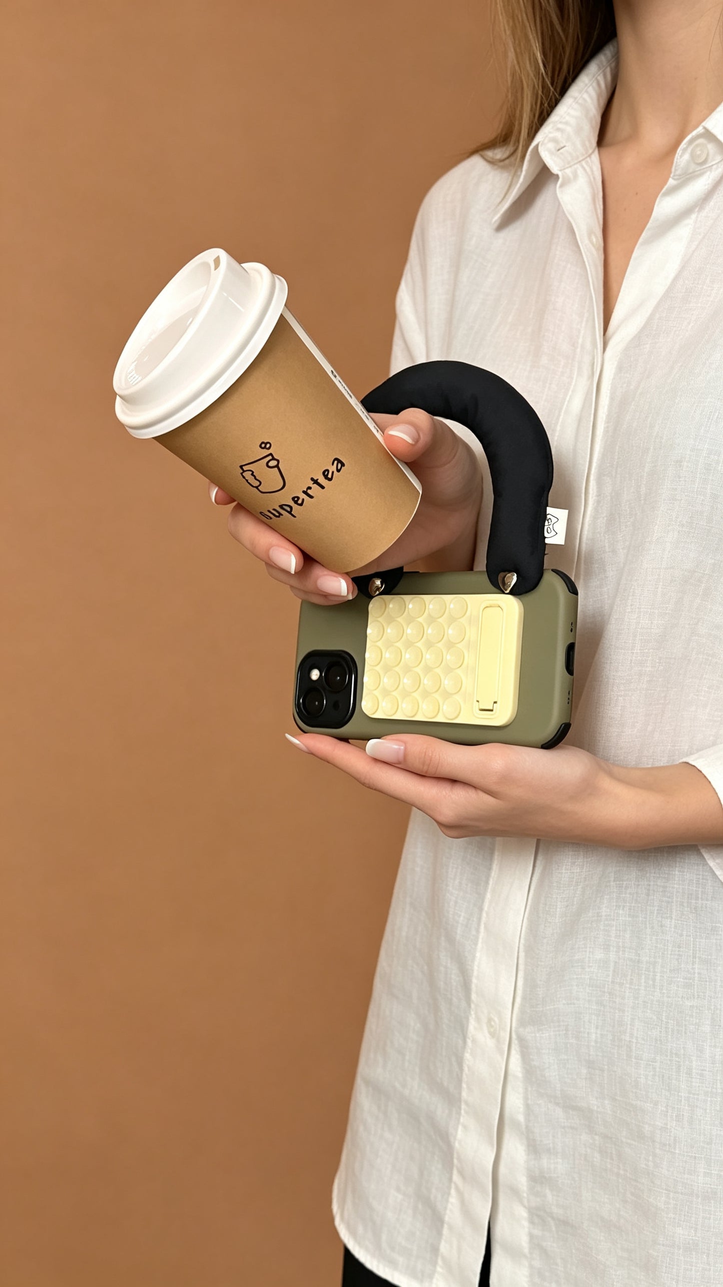 Matte Olive Green 3-in-1 Suction Cup Phone Case – Featuring an Ergonomic Padded Handle & Hidden Kickstand (Compatible with iPhone 14/15/16)