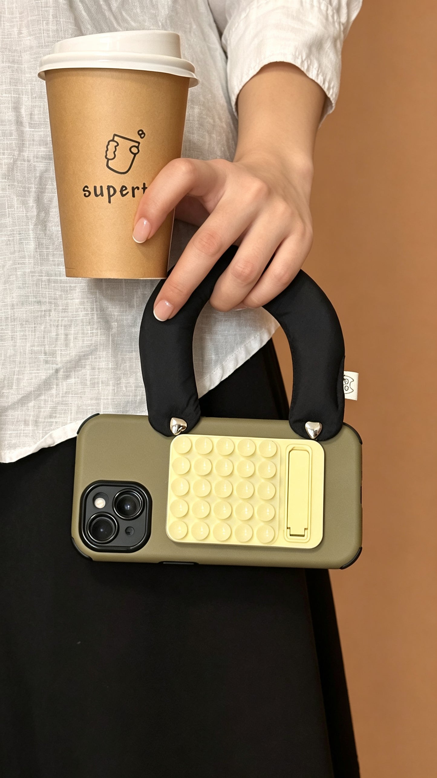 Matte Olive Green 3-in-1 Suction Cup Phone Case – Featuring an Ergonomic Padded Handle & Hidden Kickstand (Compatible with iPhone 14/15/16)