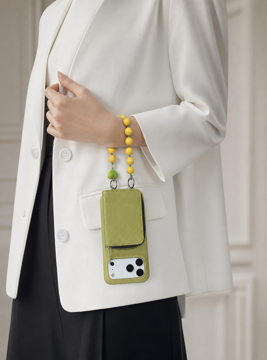 SSEGY Olive Green Crossbody Phone Case with Detachable Wallet Pocket & Beaded Strap | Hands-Free Phone Bag for Busy Women